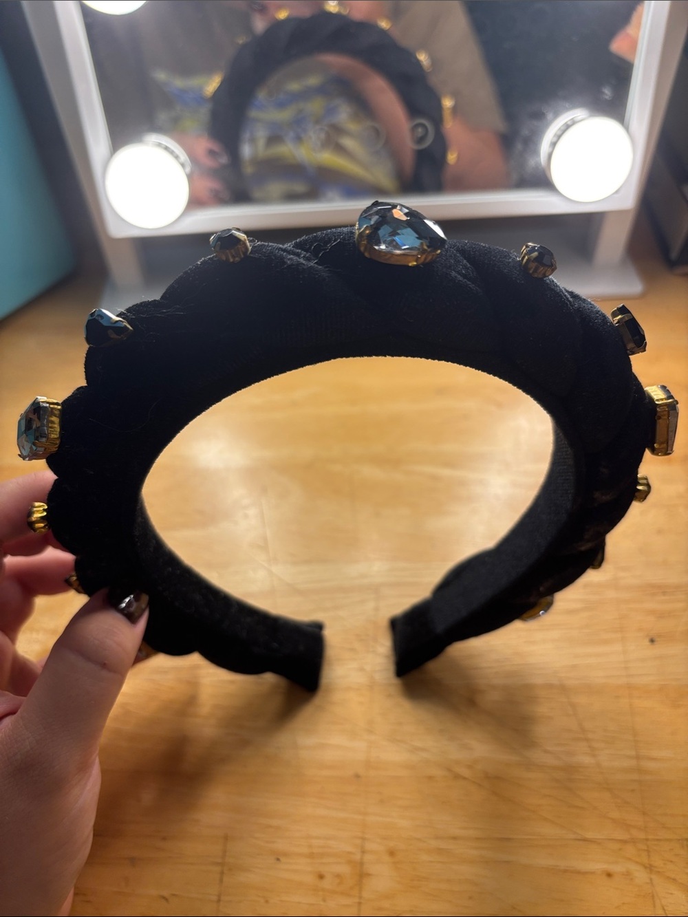 Anthropologie Black Padded Headband with Gold-Set Gemstones